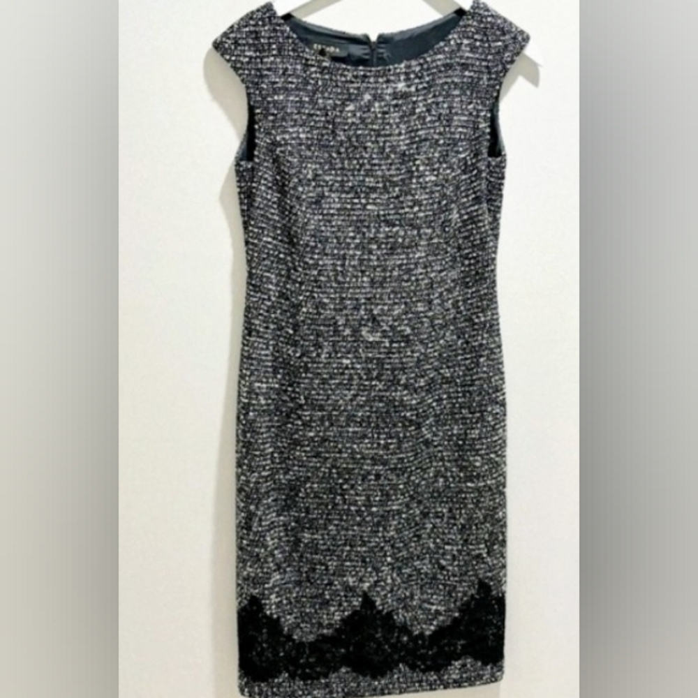 ESCADA 10/40 TWEED WOOL COTTON POLY BLEND BOUCLE LACE BLACK WHITE SHEATH DRESS - Picture 2 of 9